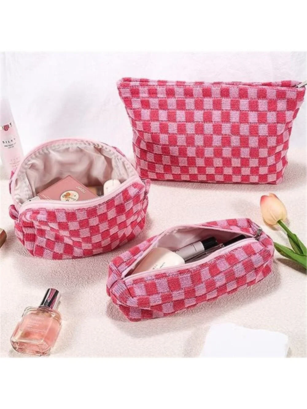 3Pcs Makeup Bag Checkered Cosmetic Bag Set Travel Toiletry Bags
